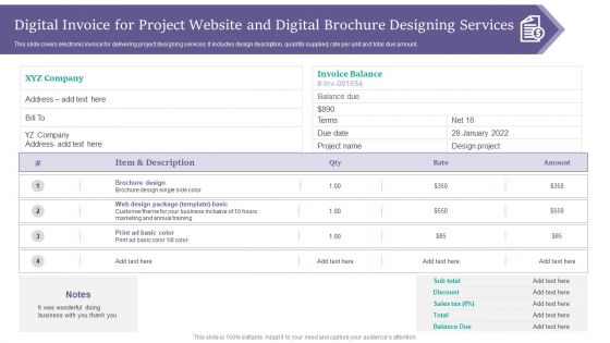 Digital Invoice For Project Website And Digital Brochure Designing Services Formats PDF