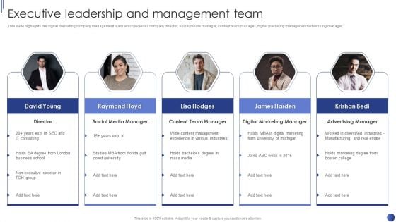 Digital Marketing Agency Business Profile Executive Leadership And Management Team Demonstration PDF Digital Marketing Agency Business Profile Executive Leadership And Management Team Demonstration PDF