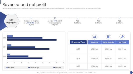 Digital Marketing Agency Business Profile Revenue And Net Profit Diagrams PDF