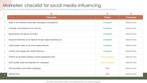 Digital Marketing Approach For Brand Awareness Marketers Checklist For Social Media Influencing Sample PDF
