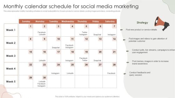 Digital Marketing Approach For Brand Awareness Monthly Calendar Schedule For Social Media Marketing Infographics PDF