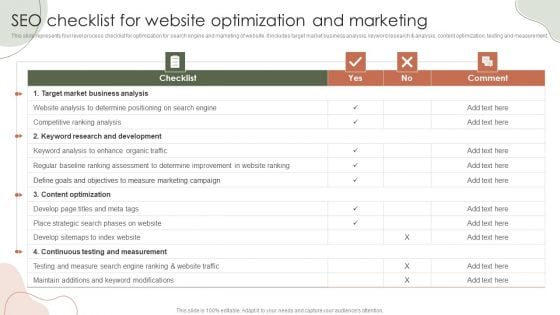 Digital Marketing Approach For Brand Awareness Seo Checklist For Website Optimization And Marketing Information PDF
