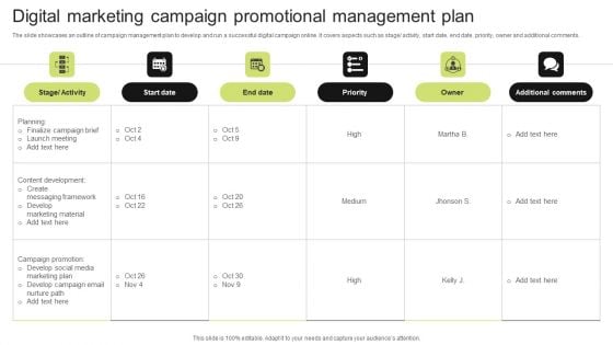 Digital Marketing Campaign Promotional Management Plan Summary PDF