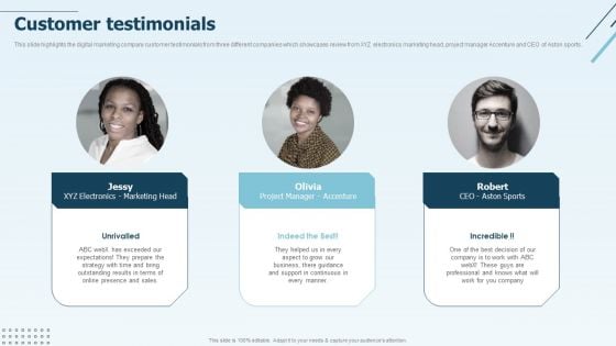 Digital Marketing Company Profile Customer Testimonials Slides PDF