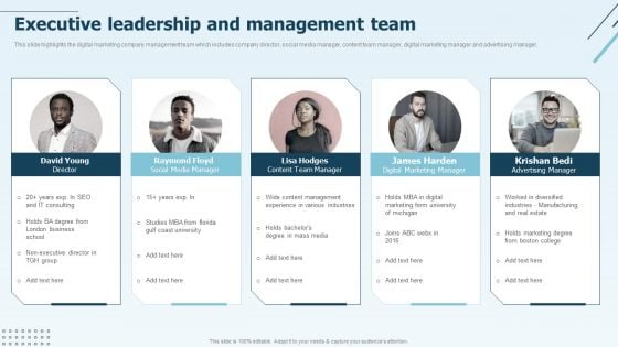 Digital Marketing Company Profile Executive Leadership And Management Team Summary PDF