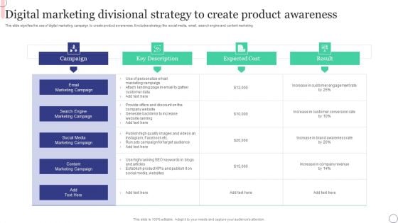 Digital Marketing Divisional Strategy To Create Product Awareness Brochure PDF