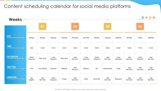 Digital Marketing Guide For B2B Firms Content Scheduling Calendar For Social Media Platforms Diagrams PDF