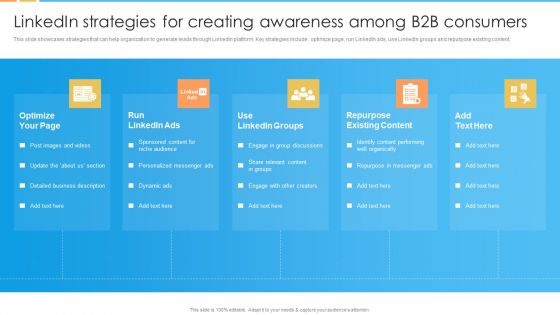 Digital Marketing Guide For B2B Firms Linkedin Strategies For Creating Awareness Among B2B Consumers Graphics PDF