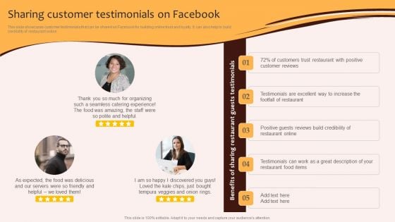 Digital Marketing Plan For Restaurant Business Sharing Customer Testimonials On Facebook Brochure PDF