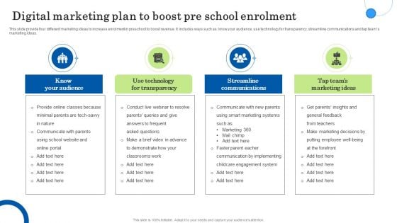 Digital Marketing Plan To Boost Pre School Enrolment Ppt Layouts Slides PDF