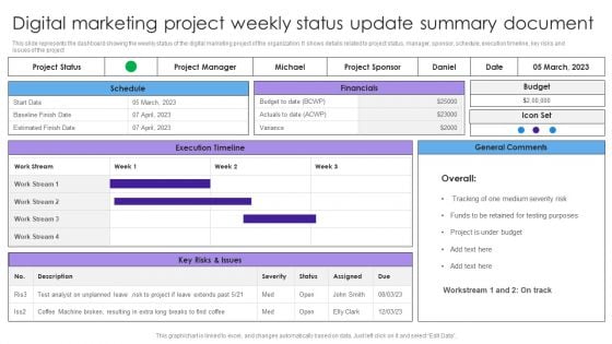 Digital Marketing Project Weekly Status Update Summary Document Mockup PDF