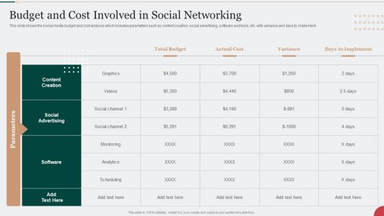 Digital Marketing Techniques To Improve Lead Budget And Cost Involved In Social Networking Brochure PDF