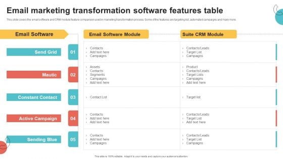 Digital Marketing Toolkit Email Marketing Transformation Software Features Table Demonstration PDF