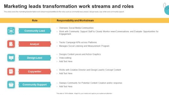 Digital Marketing Toolkit Marketing Leads Transformation Work Streams And Roles Pictures PDF