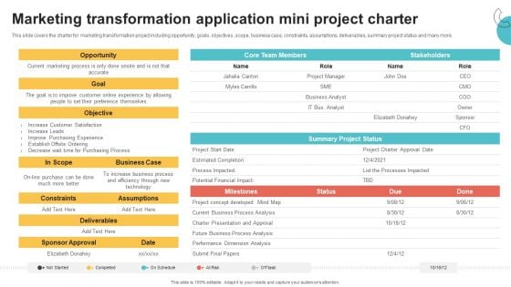 Digital Marketing Toolkit Marketing Transformation Application Mini Project Charter Template PDF