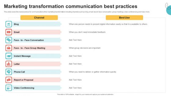 Digital Marketing Toolkit Marketing Transformation Communication Best Practices Background PDF