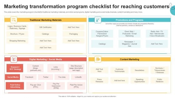 Digital Marketing Toolkit Marketing Transformation Program Checklist For Reaching Customers Download PDF