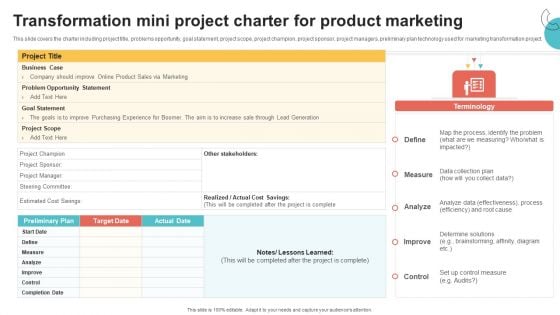 Digital Marketing Toolkit Transformation Mini Project Charter For Product Marketing Graphics PDF