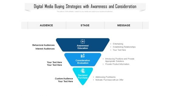 Digital Media Buying Strategies With Awareness And Consideration Ppt PowerPoint Presentation File Information PDF