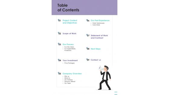 Digital Media Service Proposal Table Of Contents One Pager Sample Example Document