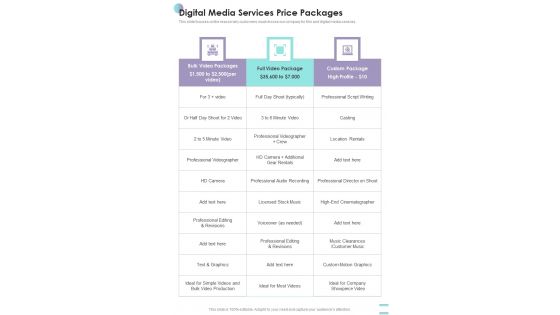 Digital Media Services Price Packages One Pager Sample Example Document