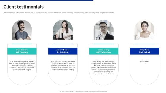 Digital Products Company Outline Client Testimonials Ideas PDF