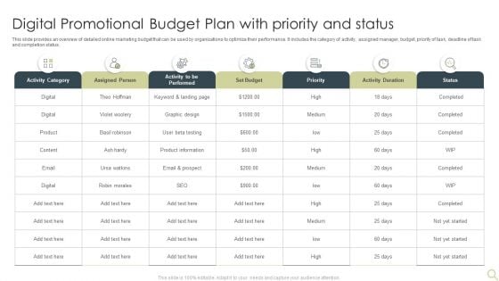 Digital Promotional Budget Plan With Priority And Status Information PDF