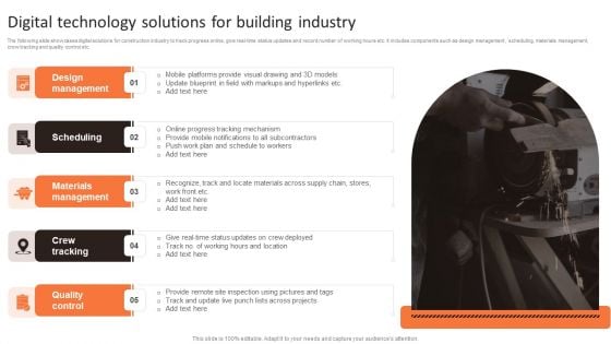 Digital Technology Solutions For Building Industry Ppt PowerPoint Presentation File Infographics PDF