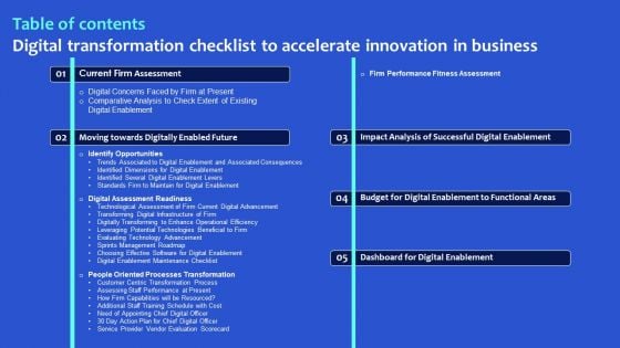Digital Transformation Checklist To Accelerate Innovation In Business Table Of Contents Elements PDF