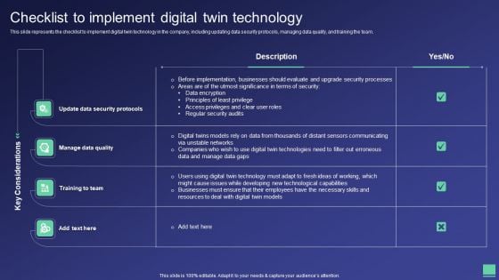 Digital Twin Tech IT Checklist To Implement Digital Twin Technology Summary PDF