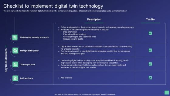 Digital Twin Tech IT Checklist To Implement Digital Twin Technology Summary PDF Digital Twin Tech IT Checklist To Implement Digital Twin Technology Summary PDF