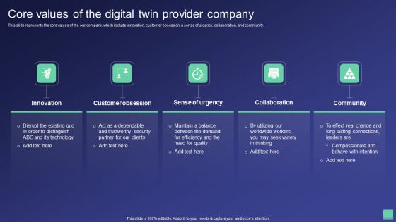 Digital Twin Tech IT Core Values Of The Digital Twin Provider Company Portrait PDF