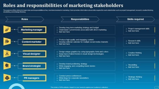 Direct Marketing Techniques To Enhance Business Presence Roles And Responsibilities Of Marketing Stakeholders Diagrams PDF