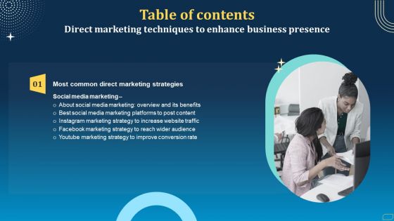 Direct Marketing Techniques To Enhance Business Presence Table Of Contents Diagrams PDF