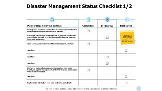 Disaster Management Status Checklist Communication Ppt PowerPoint Presentation Icon Example File