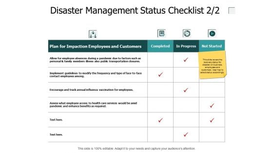 Disaster Management Status Checklist Measuring Ppt PowerPoint Presentation Outline Infographics