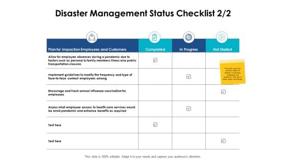 Disaster Management Status Checklist Progress Ppt PowerPoint Presentation Icon Structure