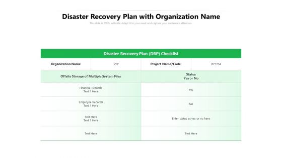 Disaster Recovery Plan With Organization Name Ppt PowerPoint Presentation Gallery Elements PDF