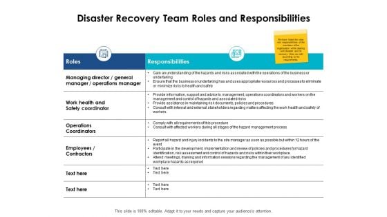 Disaster Recovery Team Roles And Responsibilities Ppt PowerPoint Presentation Outline Aids