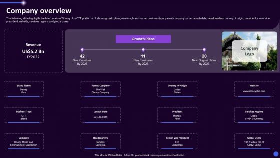 Disney Plus OTT Platform Company Summary Company Overview Ppt Layouts Display