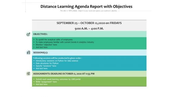 Distance Learning Agenda Report With Objectives Ppt PowerPoint Presentation Layouts Picture PDF