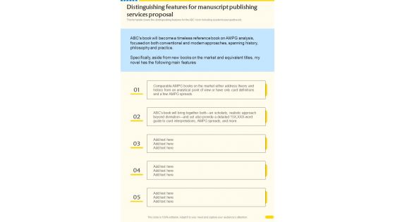 Distinguishing Features For Manuscript Publishing Services Proposal One Pager Sample Example Document