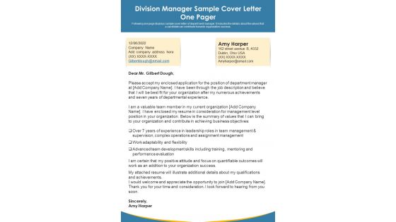 Division Manager Sample Cover Letter One Pager PDF Document PPT Template