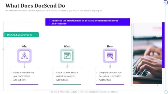 Docsend Capital Fundraising What Does Docsend Do Ppt Show Master Slide PDF