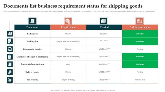 Documents List Business Requirement Status For Shipping Goods Professional PDF