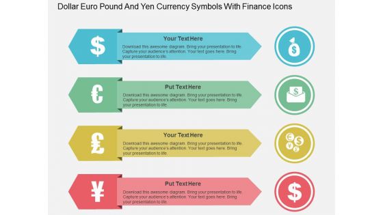 Dollar Euro Pound And Yen Currency Symbols With Finance Icons Powerpoint Template