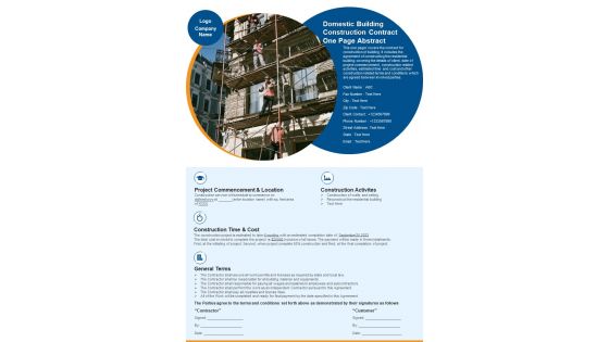 Domestic Building Construction Contract One Page Abstract PDF Document PPT Template