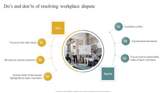Dos And Donts Of Resolving Workplace Dispute Managing Organizational Conflicts To Boost Slides PDF