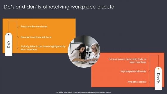 Dos And Donts Of Resolving Workplace Dispute Ppt Outline Visuals PDF Dos And Donts Of Resolving Workplace Dispute Ppt Outline Visuals PDF
