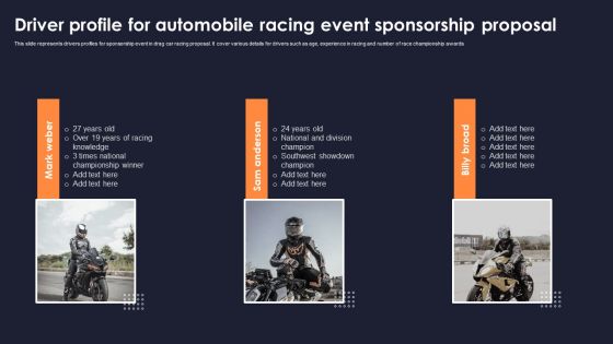 Driver Profile For Automobile Racing Event Sponsorship Proposal Graphics PDF